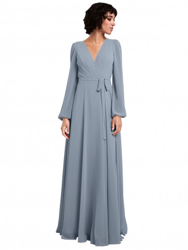 Cheap Wrap Style Long Sleeves Chiffon Bridesmaid Dress with Pleated Bodice Canada