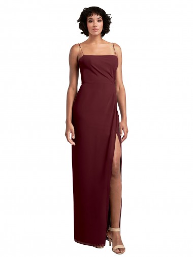 Cheap Sleek Straight Neckline Chiffon Bridesmaid Dress with Spaghetti Straps and High Side Slit Canada