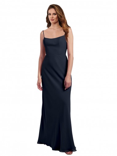 Cheap Scoop Neck Long Chiffon Open Back Bridesmaid Dress with Spaghetti Straps Canada