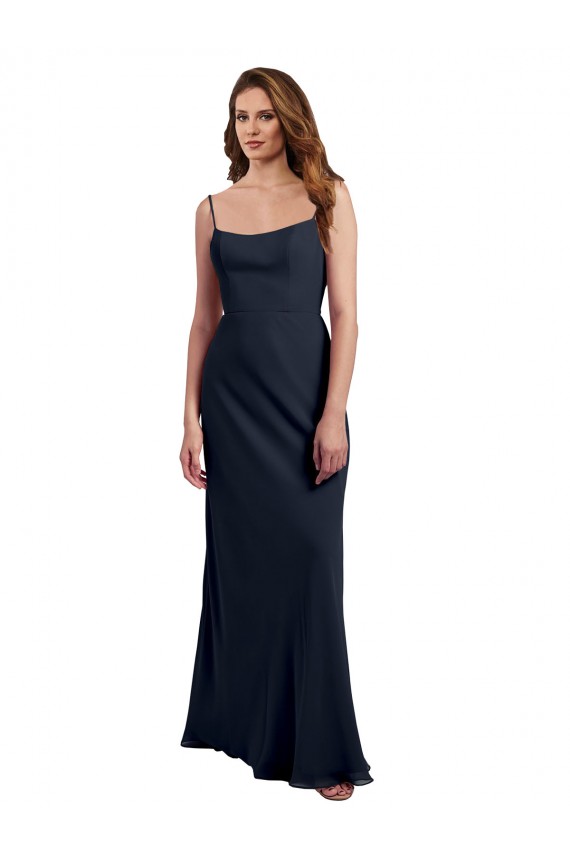 Cheap Scoop Neck Long Chiffon Open Back Bridesmaid Dress with Spaghetti Straps Canada