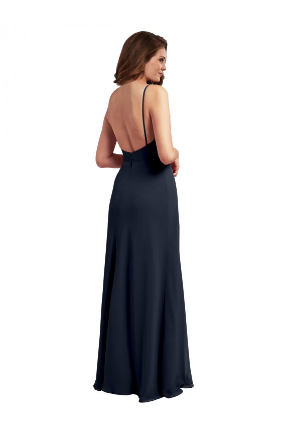 Cheap Scoop Neck Long Chiffon Open Back Bridesmaid Dress with Spaghetti Straps Canada
