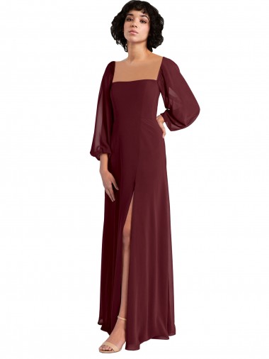 Cheap Sheer Long Sleeves Chiffon Bridesmaid Dress with High Slit Canada