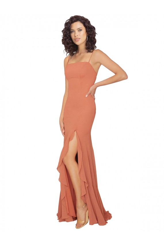 Cheap Chiffon Square Neck Bridesmaid Dress with Ruffled Skirt Slit Canada