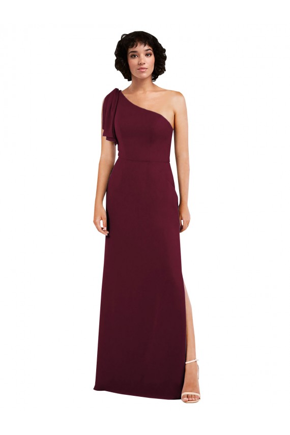 Cheap One Shoulder Chiffon Bridesmaid Dress with Skirt Slit and Accent Strap Canada