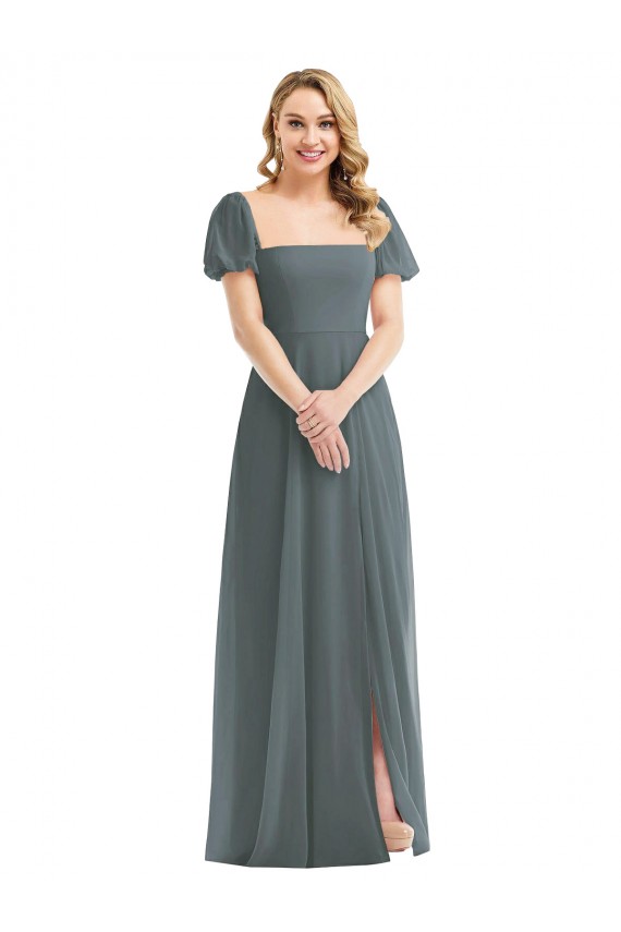 Cheap Puff Sleeves Chiffon Maxi Bridesmaid Dress with Front Slit Canada