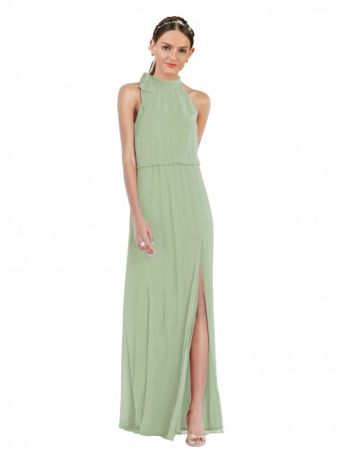 Cheap High Neck Scarf Tie Blouson Bodice Maxi Bridesmaid Dress with Front Slit Canada
