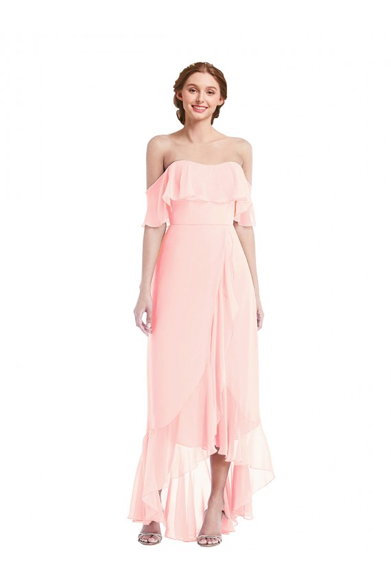 Cheap Off the Shoulder Ruffled High Low Maxi Bridesmaid Dress Canada