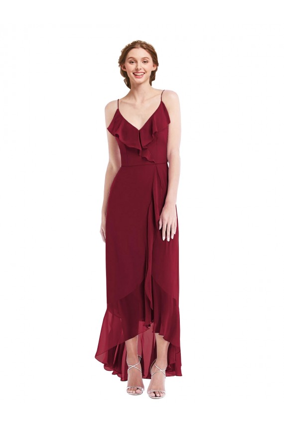 Cheap Ruffle Trimmed V-Neck High Low Wrap Chiffon Bridesmaid Dress Canada