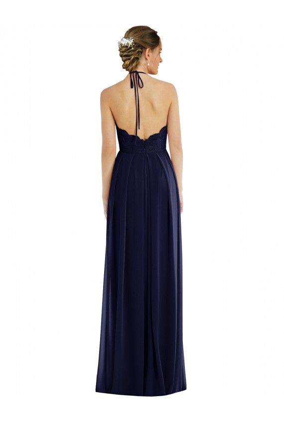Cheap Tie Neck Lace Halter Pleated Skirt Maxi Bridesmaid Dress Canada