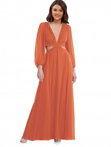 Cheap High Low Ruffled Long Chiffon Cutout Bishop Sleeves Maxi Bridesmaid Dress Canada