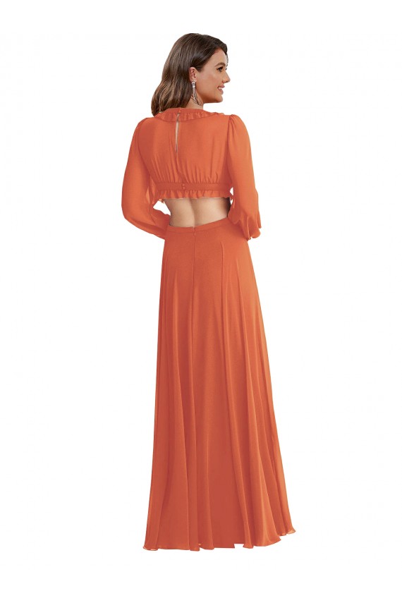 Cheap High Low Ruffled Long Chiffon Cutout Bishop Sleeves Maxi Bridesmaid Dress Canada