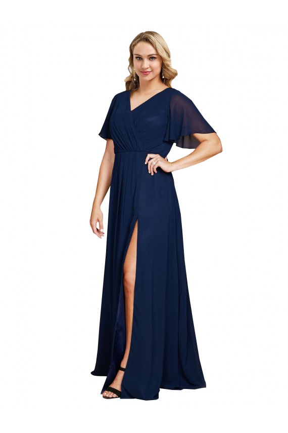 Cheap Chiffon V-Neck Short Sleeves Long Bridesmaid Dress with High Slit Canada