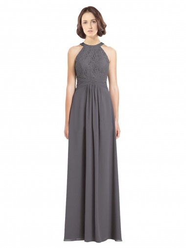 Cheap Long Chiffon Bridesmaid Dress with Corded Lace Bodice Canada