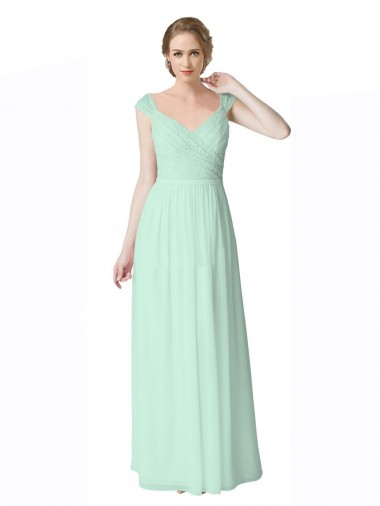 Cheap Long Chiffon Bridesmaid Dress with Corded Lace V-Neck Bodice Canada