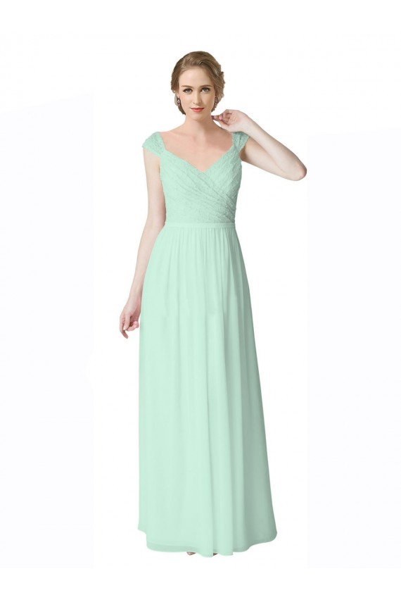 Cheap Long Chiffon Bridesmaid Dress with Corded Lace V-Neck Bodice Canada