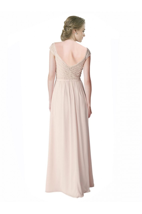Cheap Long Chiffon Bridesmaid Dress with Corded Lace V-Neck Bodice Canada