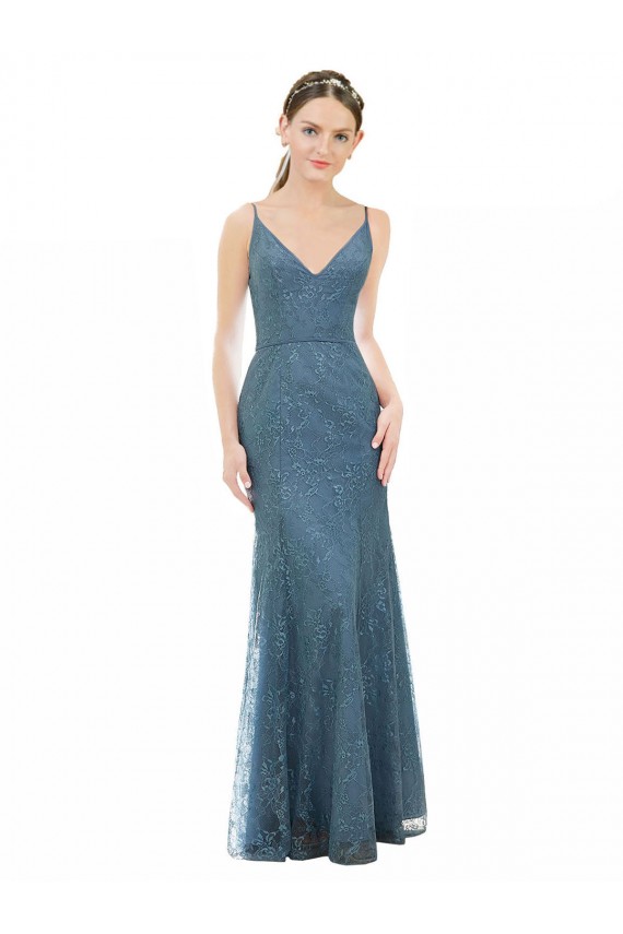 Cheap Deep V-Neck All Over Chantilly Lace Bridesmaid Dress with Criss Cross Open Back Canada