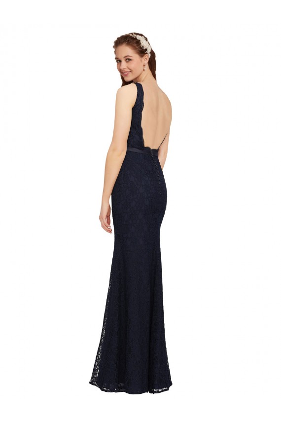 Cheap Lace Bridesmaid Dress with Satin Waistband and Open Back Canada
