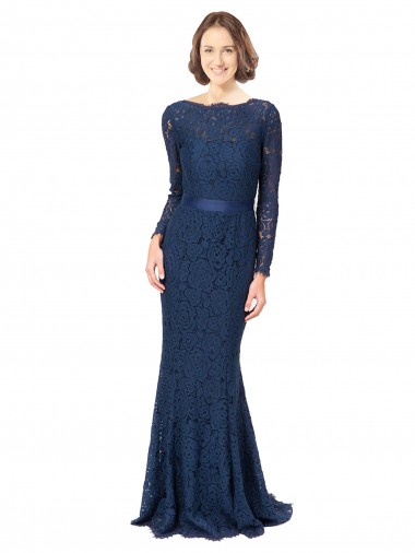 Cheap Long Sleeves Floor Length Vintage Lace Bridesmaid Dress with Deep V-Back Canada