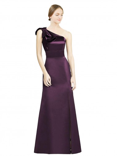 Cheap Full Length One Shoulder Satin Bridesmaid Dress with Bow Shoulder Detail Canada