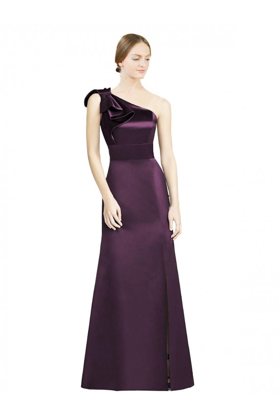 Cheap Full Length One Shoulder Satin Bridesmaid Dress with Bow Shoulder Detail Canada