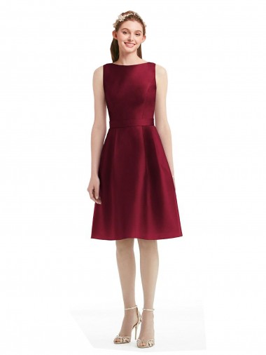 Cheap Short Midi Length Satin Bridesmaid Dress with Bateau Neckline and V-Back Canada