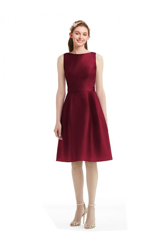 Cheap Short Midi Length Satin Bridesmaid Dress with Bateau Neckline and V-Back Canada