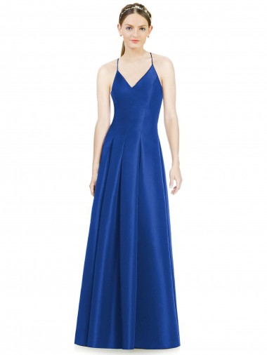 Cheap Full Pleated V-Neck Long Satin Bridesmaid Dress with Criss Cross Open Back Canada