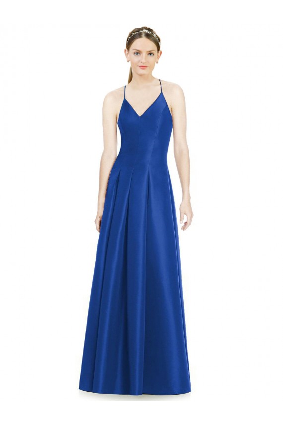 Cheap Full Pleated V-Neck Long Satin Bridesmaid Dress with Criss Cross Open Back Canada