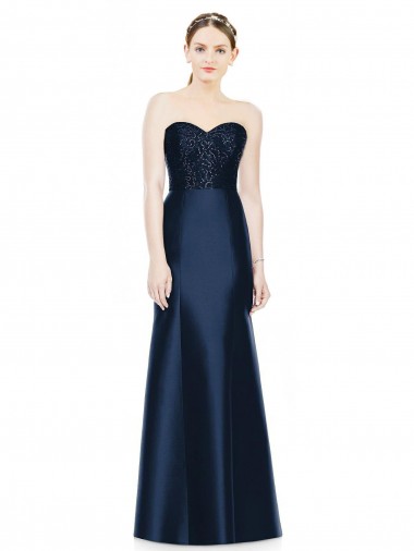 Cheap Full Length Strapless Satin Bridesmaid Dress with Lace Sweetheart Neckline Canada