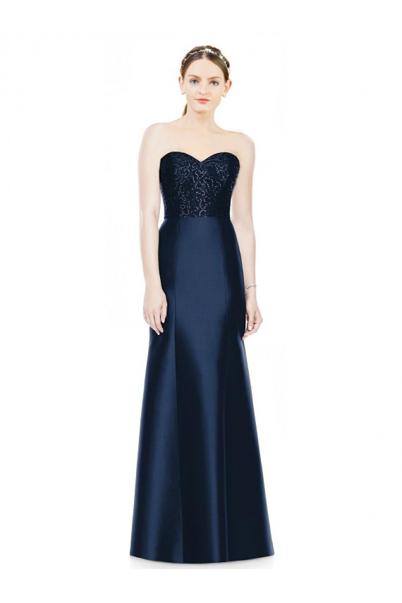 Cheap Full Length Strapless Satin Bridesmaid Dress with Lace Sweetheart Neckline Canada