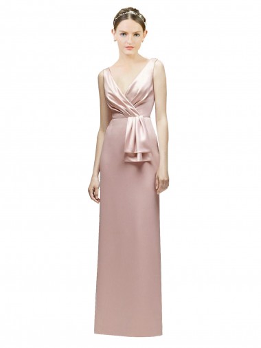 Cheap Sleeveless V-Neck Long Satin Bridesmaid Dress with Draped Bodice and Tiered Bow Canada