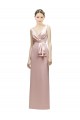 Cheap Sleeveless V-Neck Long Satin Bridesmaid Dress with Draped Bodice and Tiered Bow Canada