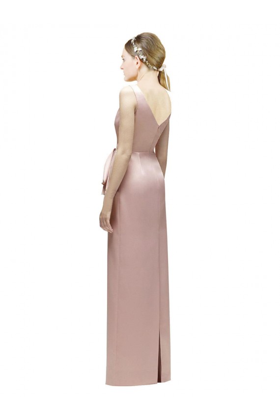 Cheap Sleeveless V-Neck Long Satin Bridesmaid Dress with Draped Bodice and Tiered Bow Canada