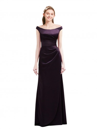 Cheap Off The Shoulder Long Satin Bridesmaid Dress with Asymmetrical Pleated Bodice Canada