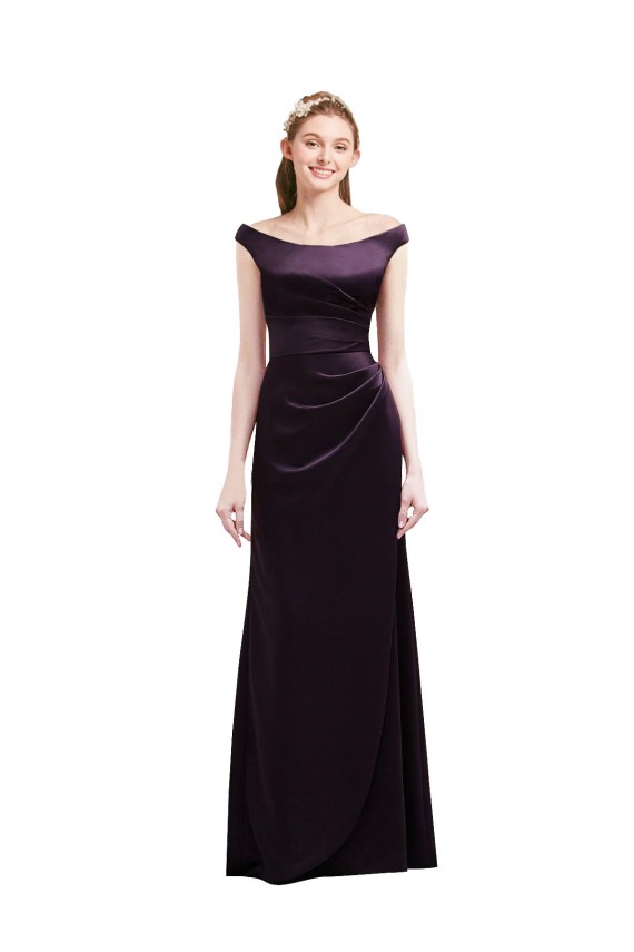 Cheap Off The Shoulder Long Satin Bridesmaid Dress with Asymmetrical Pleated Bodice Canada