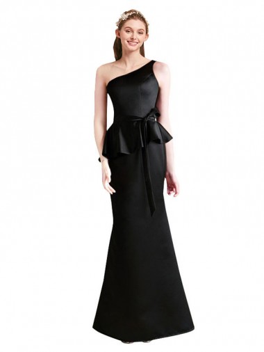 Cheap Long One Shoulder Satin Bridesmaid Dress with Bow Ties Canada