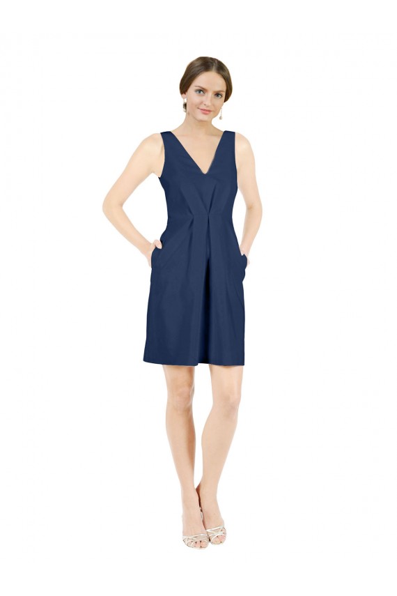 Cheap Deep V-Neck Short Knee Length Satin Bridesmaid Dress with Slimming Pleats Canada