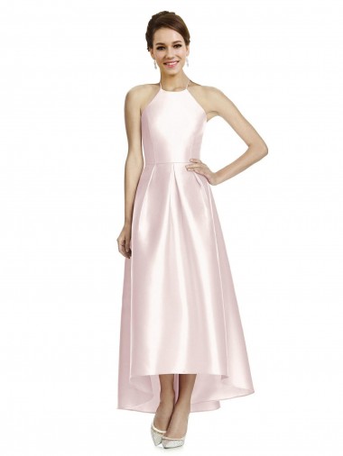 Cheap Long High-Low Halter Satin Bridesmaid Dress with Criss-Cross Back Canada