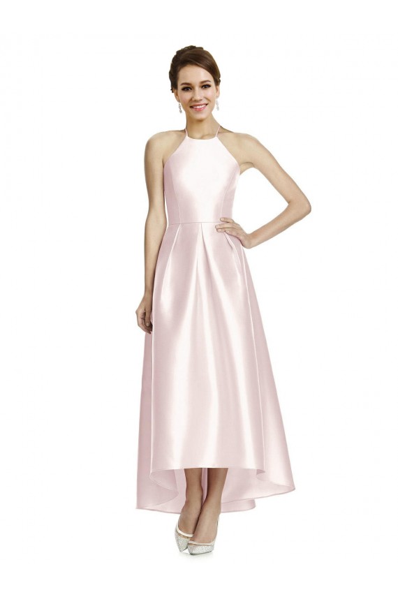 Cheap Long High-Low Halter Satin Bridesmaid Dress with Criss-Cross Back Canada