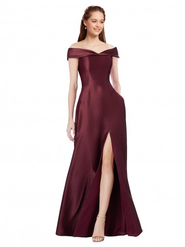 Cheap Long Off the Shoulder Satin Bridesmaid Dress with Thigh-high Slit Canada