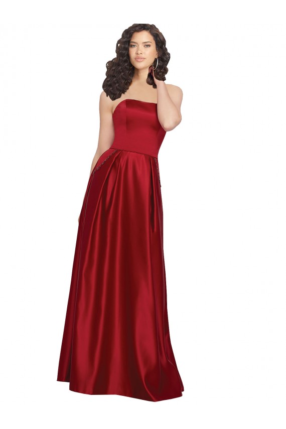 Cheap Strapless Satin Bridesmaids Dress with Beaded Pocket and Soft Pleating Canada