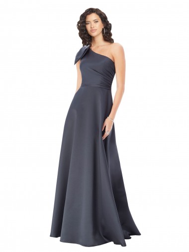 Cheap Rouched One Shoulder Floor Length Satin Bridesmaid Dress with Bow Canada