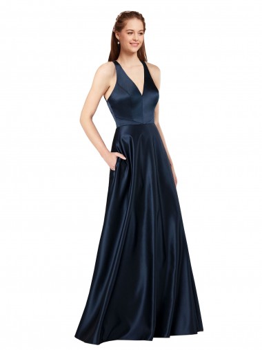 Cheap Long Formal Satin Bridesmaid Gown with Halter Neckline Canada