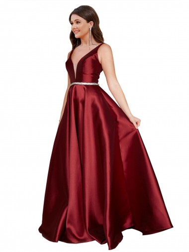 Cheap Sleeveless Deep V-Neck A-Line Satin Bridesmaid Dress with Pockets Canada