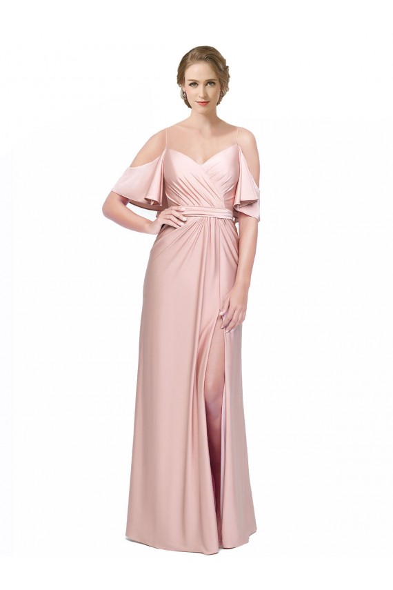 Cheap Draped Cold Shoulder Sleeves Long Silky Satin Bridesmaid Dress with Slit and Tie Back Canada