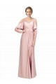 Cheap Draped Cold Shoulder Sleeves Long Silky Satin Bridesmaid Dress with Slit and Tie Back Canada
