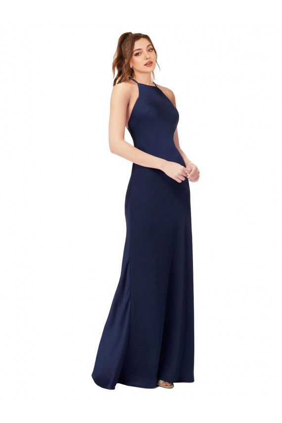 Cheap High Neck Satin Bridesmaid Dress with Strappy Back Canada