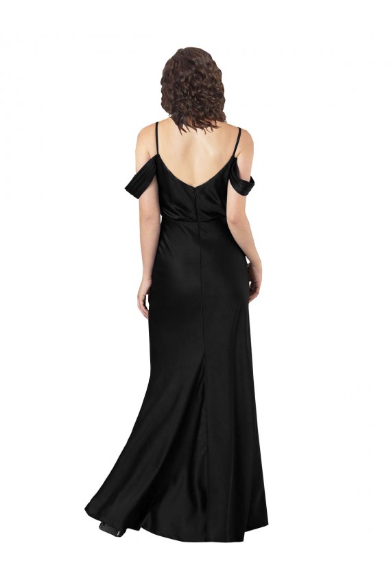 Cheap Off the Shoulder Sleeves Silky Satin Bridesmaid Dress with Skirt Slit Canada