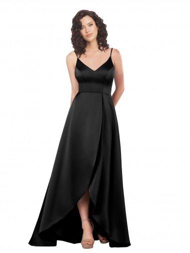 Cheap High Low V-Neckline Silky Satin Tulip Bridesmaid Dress with Wrap Skirt Canada